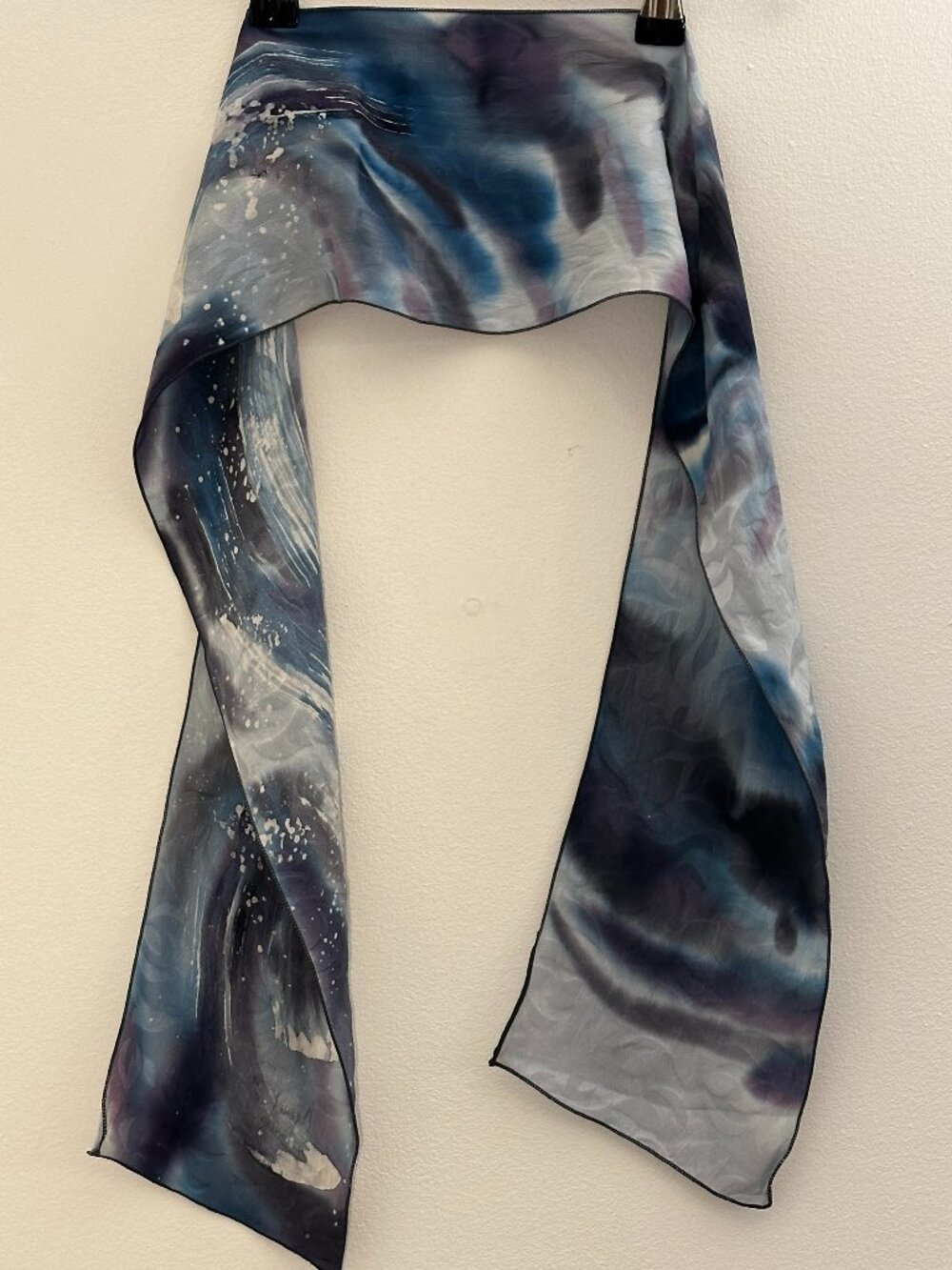 Abstract Watercolor Skinny Scarf Navy Purple Slate Hand-Painted Look 6x48 Silky